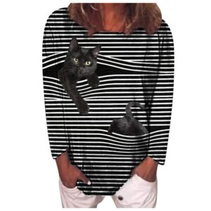 Beautiful Women Blouse Long Sleeve 3d Cat O-neck Tops