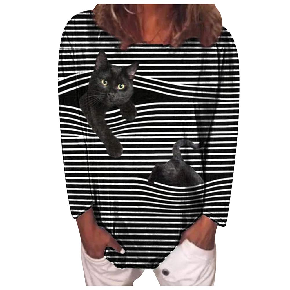 Beautiful Women Blouse Long Sleeve 3d Cat O-neck Tops