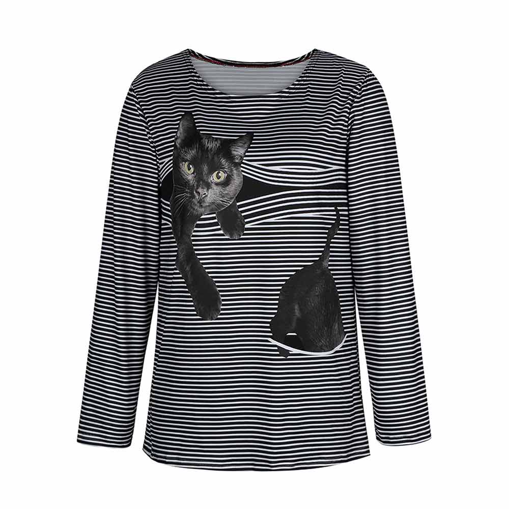 Beautiful Women Blouse Long Sleeve 3d Cat O-neck Tops