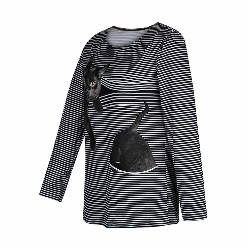 Beautiful Women Blouse Long Sleeve 3d Cat O-neck Tops