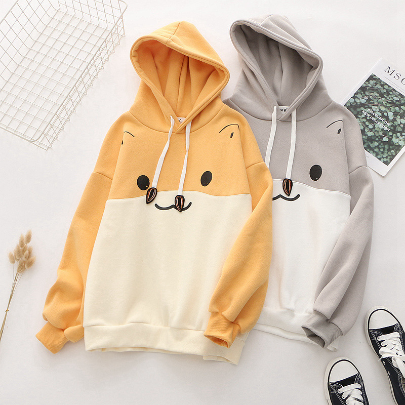 Cute Hamster Cartoon Fleece Hoodie – Loose College Style Sweatshirt for Casual Wear