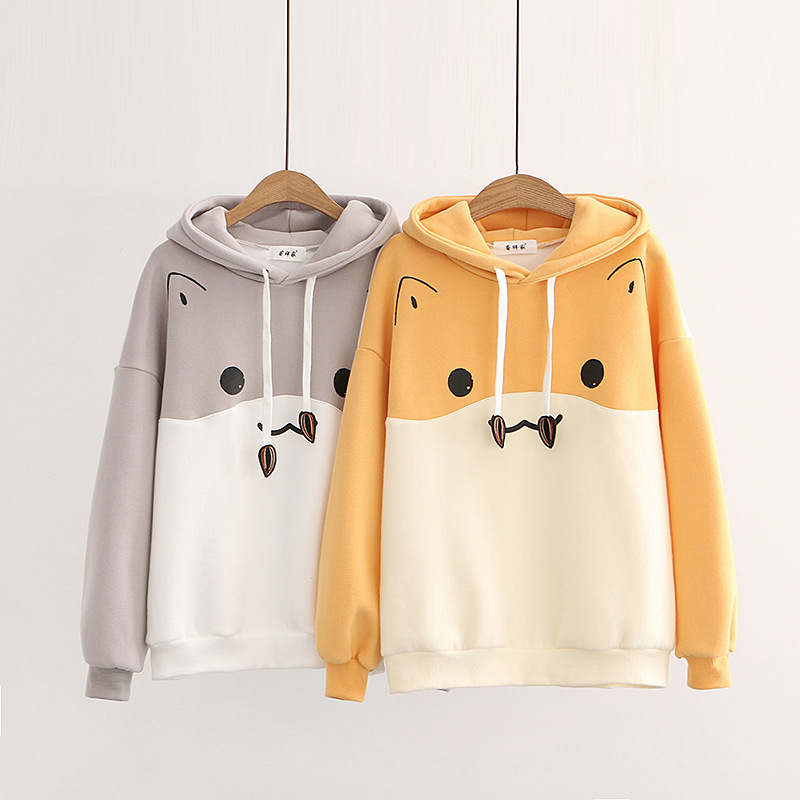 Cute Hamster Cartoon Fleece Hoodie – Loose College Style Sweatshirt for Casual Wear