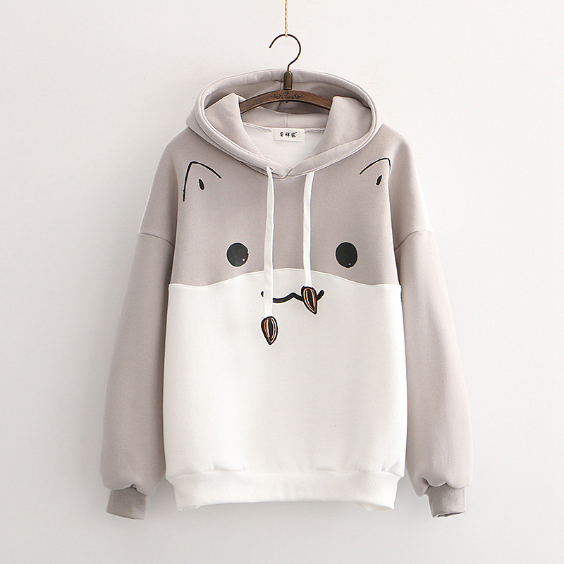 Cute Hamster Cartoon Fleece Hoodie – Loose College Style Sweatshirt for Casual Wear