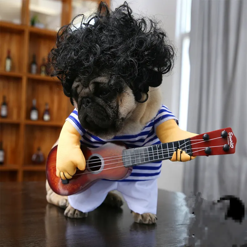Halloween Dog Guitar Costume – Funny Pet Guitarist Outfit with Striped Shirt & Pants