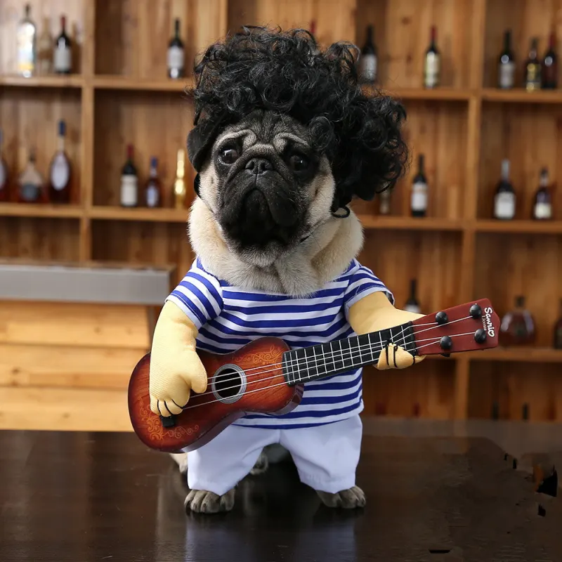 Halloween Dog Guitar Costume – Funny Pet Guitarist Outfit with Striped Shirt & Pants