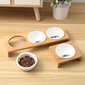 Elevated Bamboo Pet Bowls with Ceramic Dishes – Single, Double & Triple Feeding Station for Cats & Dogs
