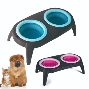 Folding Double Pet Bowl – Portable Silicone & Plastic Travel Bowl for Dogs & Cats