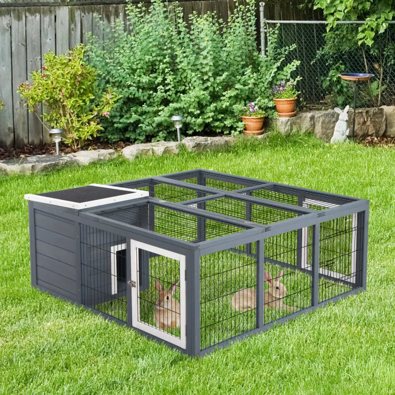 Outdoor Wooden Rabbit Hutch with Run – Waterproof Bunny House with Asphalt Roof & Openable Top
