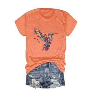 Colorful bird pattern printed round neck short sleeved shirt