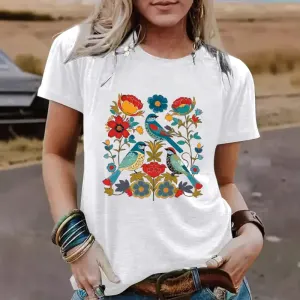 Floral Bird Print T-Shirt – Unisex Casual Streetwear Graphic Tee