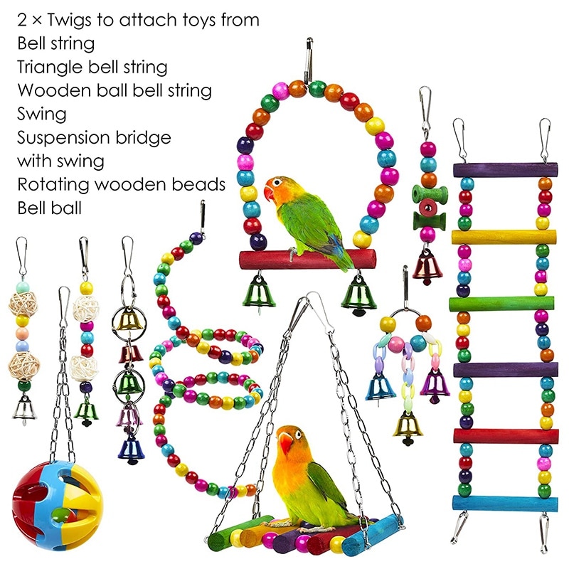 10-Pack Colorful Bird Cage Toys – Chewable Swing, Bell, and Wooden Bead Toys for Parrots, Budgies & Cockatiels
