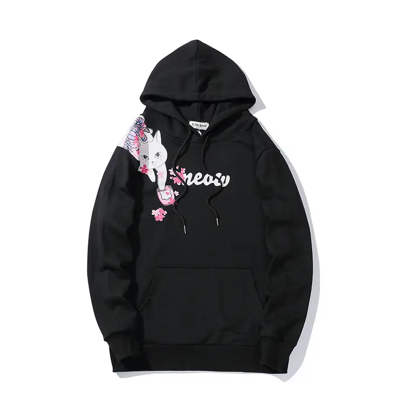 Cat Print Oversized Hoodie – Cozy Cotton Hip Hop Pullover for Cat Lovers - black front