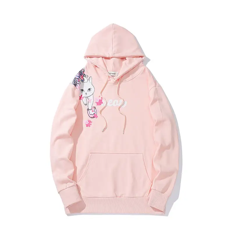 Cat Print Oversized Hoodie – Cozy Cotton Hip Hop Pullover for Cat Lovers - Pink front