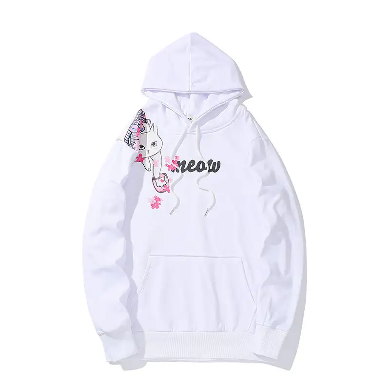 Cat Print Oversized Hoodie – Cozy Cotton Hip Hop Pullover for Cat Loverswhite- front