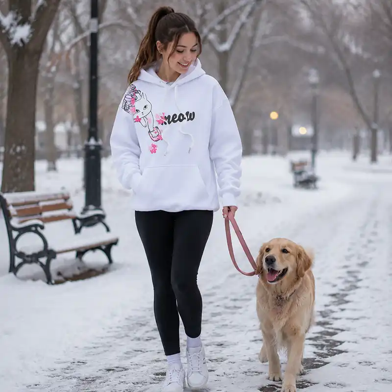 Cat print oversized hoodie white - woman with her dog in winter time