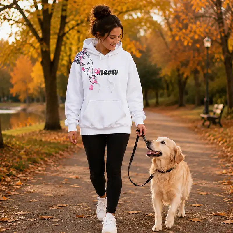 Cat print oversized hoodie white - woman with her dog in fall time