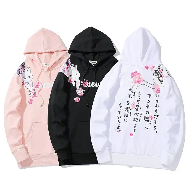 Cat Print Oversized Hoodie – Cozy Cotton Hip Hop Pullover for Cat Lovers- pink black and white