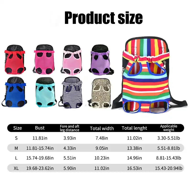 Portable Pet Carrier Backpack – Comfortable Dog and Cat Front Chest Travel Bag - size chart
