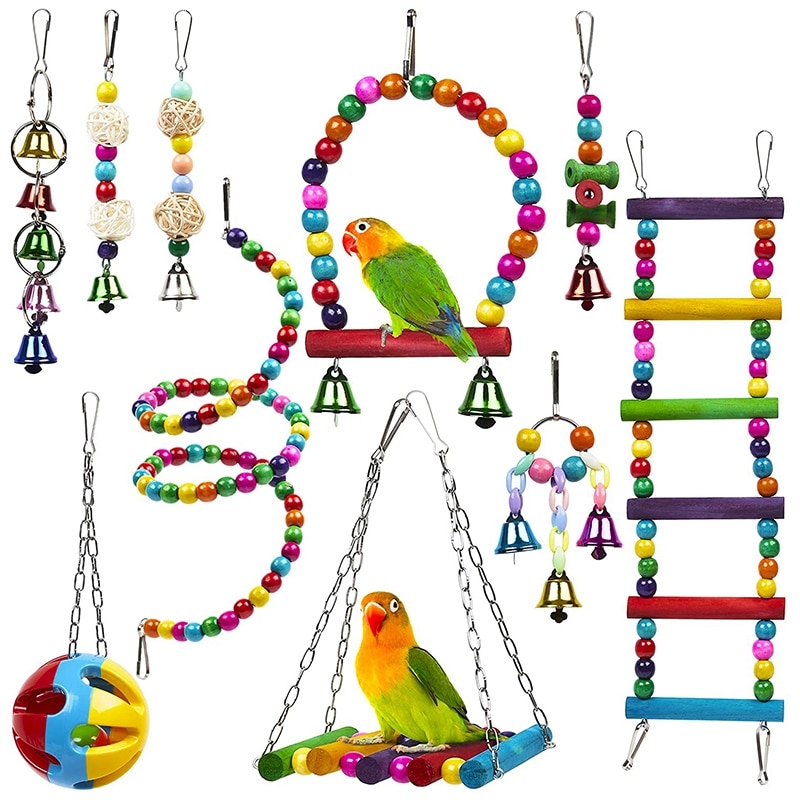 10-Pack Colorful Bird Cage Toys – Chewable Swing, Bell, and Wooden Bead Toys for Parrots, Budgies & Cockatiels