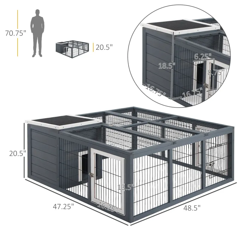 Outdoor Wooden Rabbit Hutch with Run – Waterproof Bunny House with Asphalt Roof & Openable Top