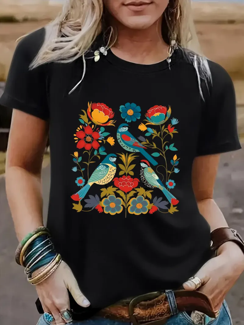 Floral Bird Print T-Shirt – Unisex Casual Streetwear Graphic Tee