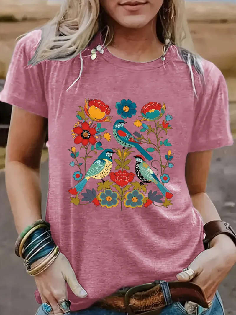 Floral Bird Print T-Shirt – Unisex Casual Streetwear Graphic Tee