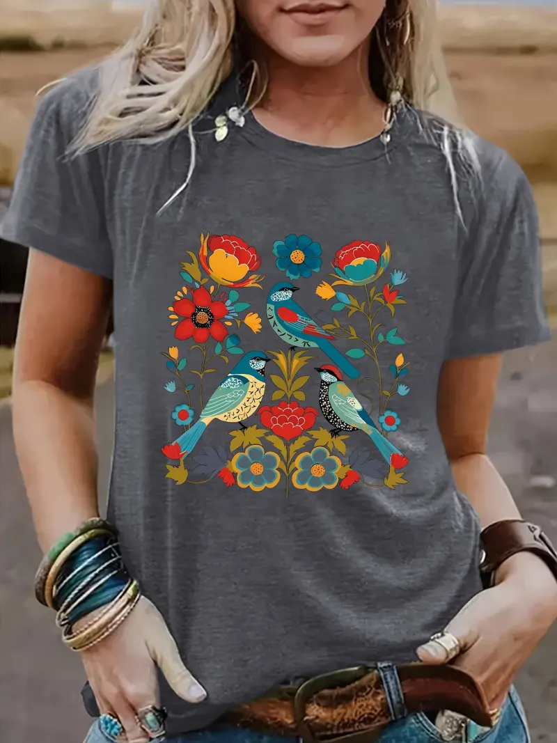 Floral Bird Print T-Shirt – Unisex Casual Streetwear Graphic Tee