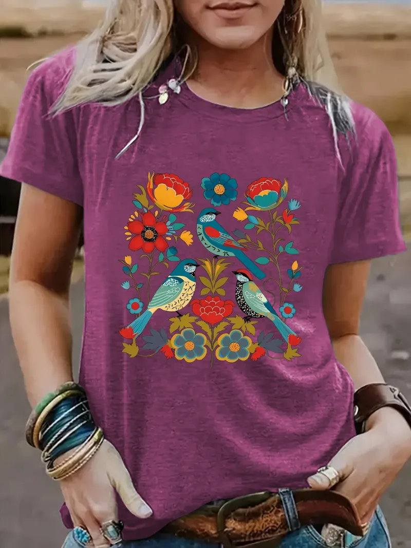 Floral Bird Print T-Shirt – Unisex Casual Streetwear Graphic Tee