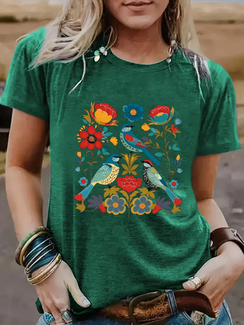 Floral Bird Print T-Shirt – Unisex Casual Streetwear Graphic Tee