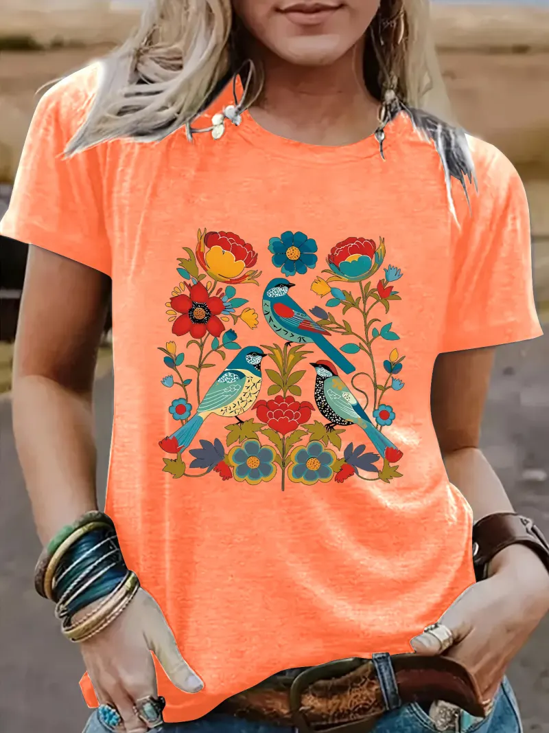 Floral Bird Print T-Shirt – Unisex Casual Streetwear Graphic Tee