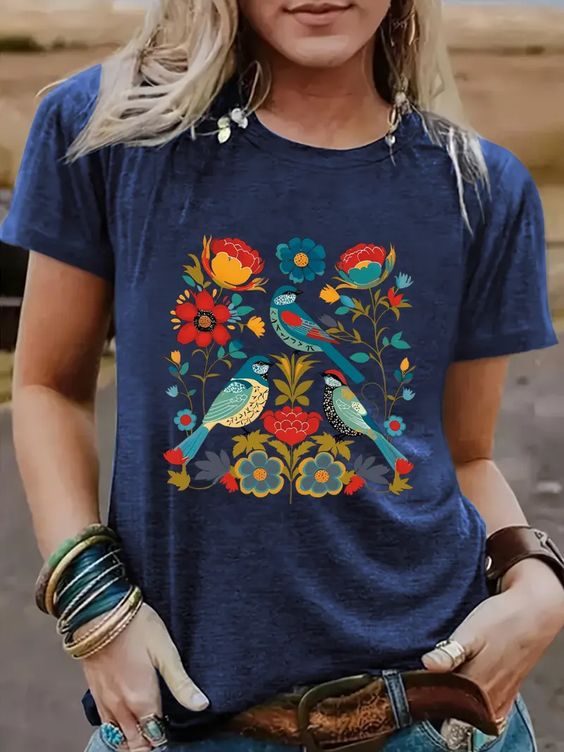 Floral Bird Print T-Shirt – Unisex Casual Streetwear Graphic Tee