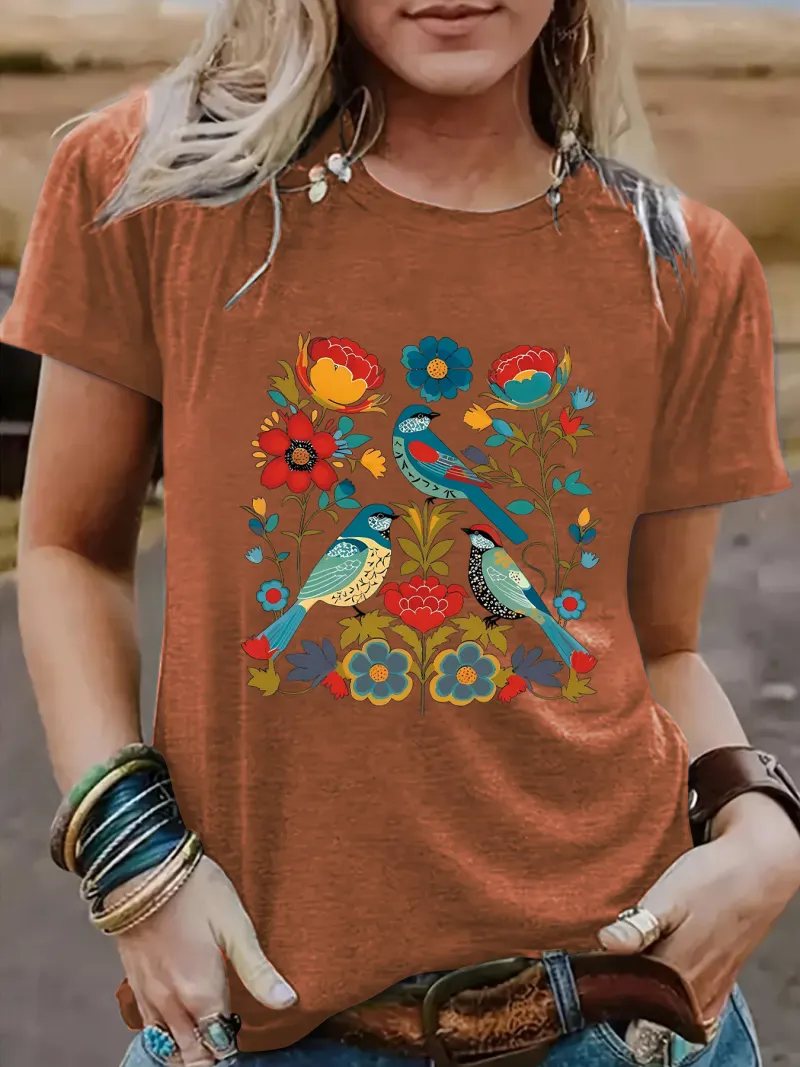 Floral Bird Print T-Shirt – Unisex Casual Streetwear Graphic Tee