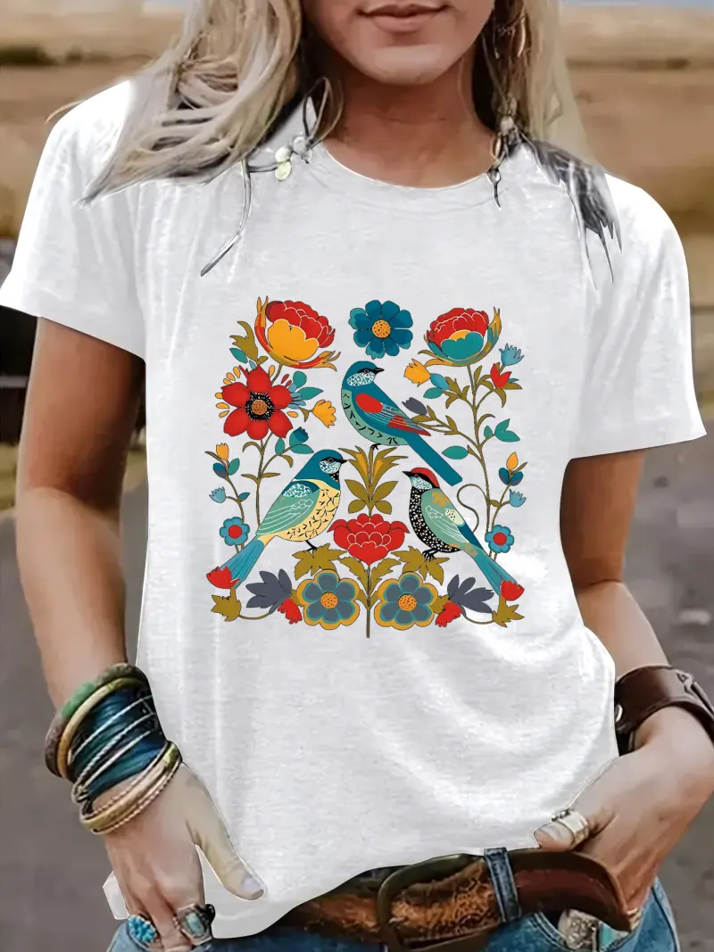 Floral Bird Print T-Shirt – Unisex Casual Streetwear Graphic Tee