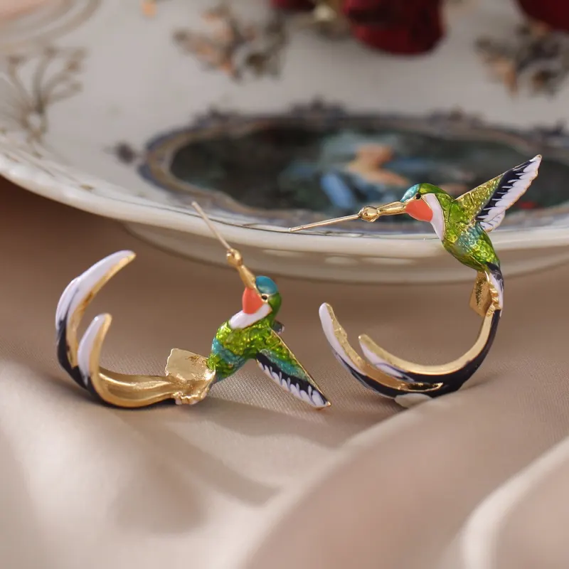 Green Blue Hummingbird Earrings – Elegant Alloy Bird Studs for Women - Image 4