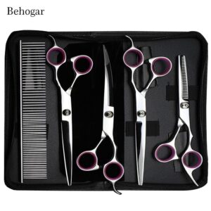 Behogar 5pcs Pet Dog Grooming Hair Comb Thinning Scissors Shears Straight Curved Animals Cutting Scissors Tool Kit w/Storage Bag