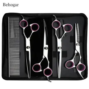 BEHOGAR-5-Piece Pet Grooming Scissors Kit with Thinning Shears, Comb & Storage Bag