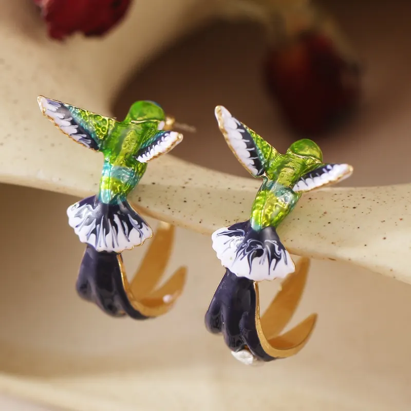 Green Blue Hummingbird Earrings – Elegant Alloy Bird Studs for Women - Image 5