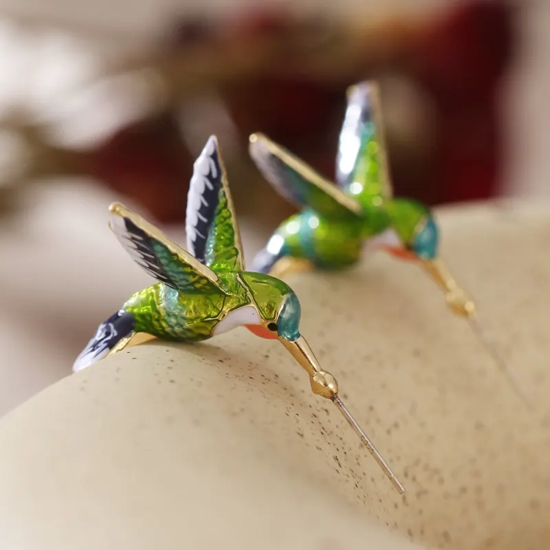 Green Blue Hummingbird Earrings – Elegant Alloy Bird Studs for Women - Image 2