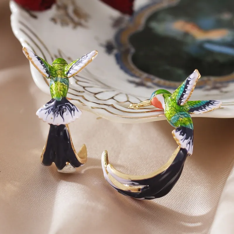 Green Blue Hummingbird Earrings – Elegant Alloy Bird Studs for Women - Image 3
