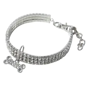 Bling Rhinestone Pet Collar with Bone Pendant - white Silver