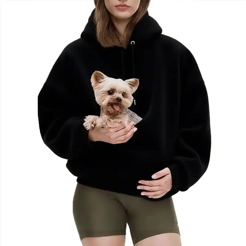 Pet Carrier Hoodie – Hands-Free Dog & Cat Carry Sweatshirt with Cozy Fleece Pocket - black
