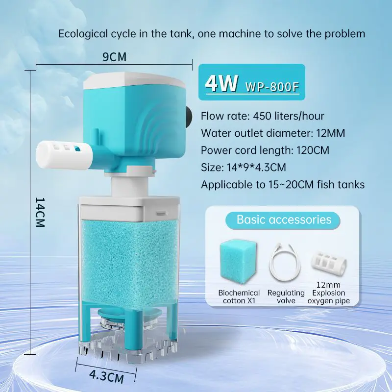 Multifunction Aquarium Sponge Filter & Water Pump – Silent Oxygenation Wave Maker - WP-800F-4W