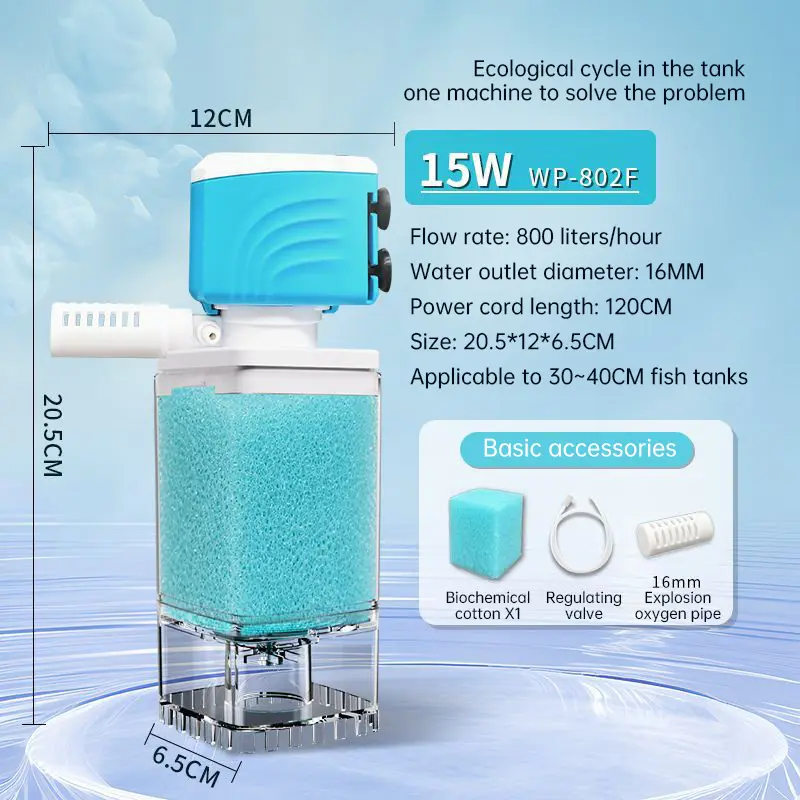 Multifunction Aquarium Sponge Filter & Water Pump – Silent Oxygenation Wave Maker - WP-802F-15W