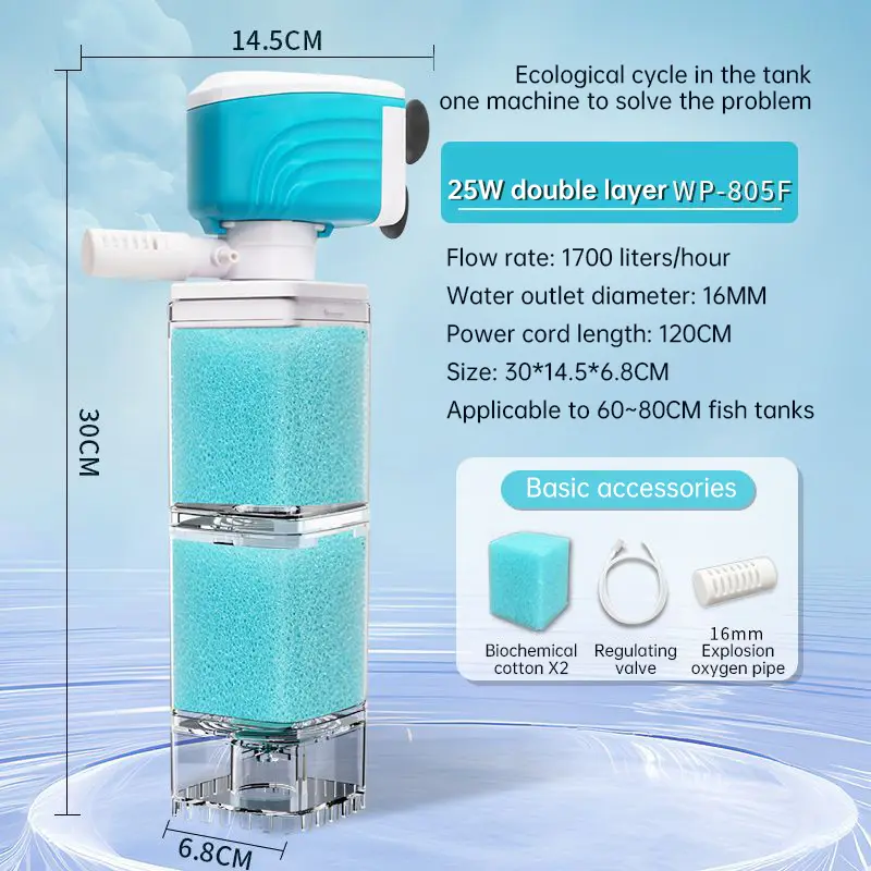 Multifunction Aquarium Sponge Filter & Water Pump – Silent Oxygenation Wave Maker - WP-805F-25W
