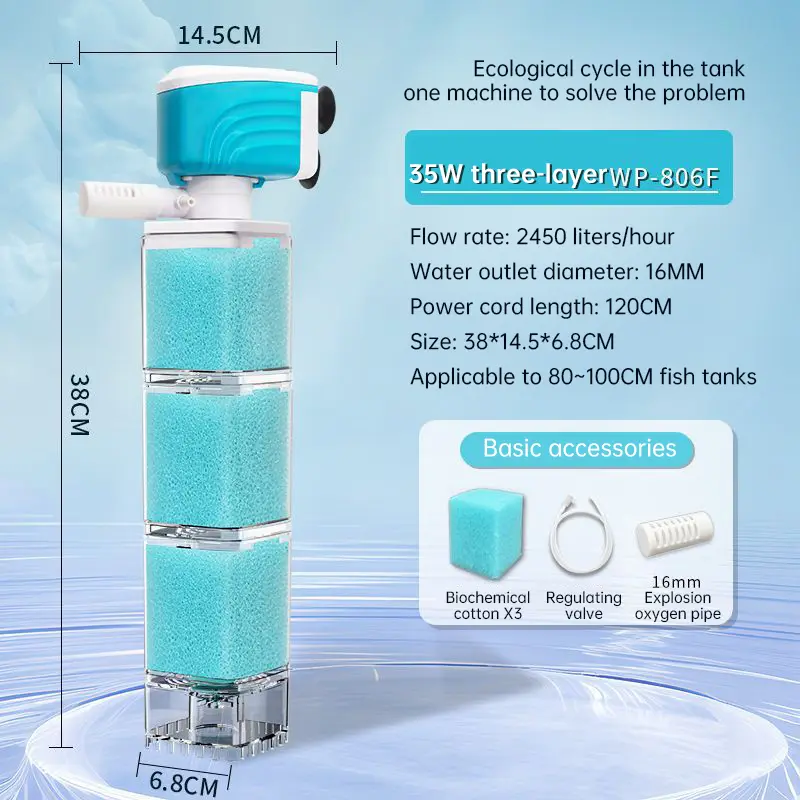 Multifunction Aquarium Sponge Filter & Water Pump – Silent Oxygenation Wave Maker - WP-806F-35W