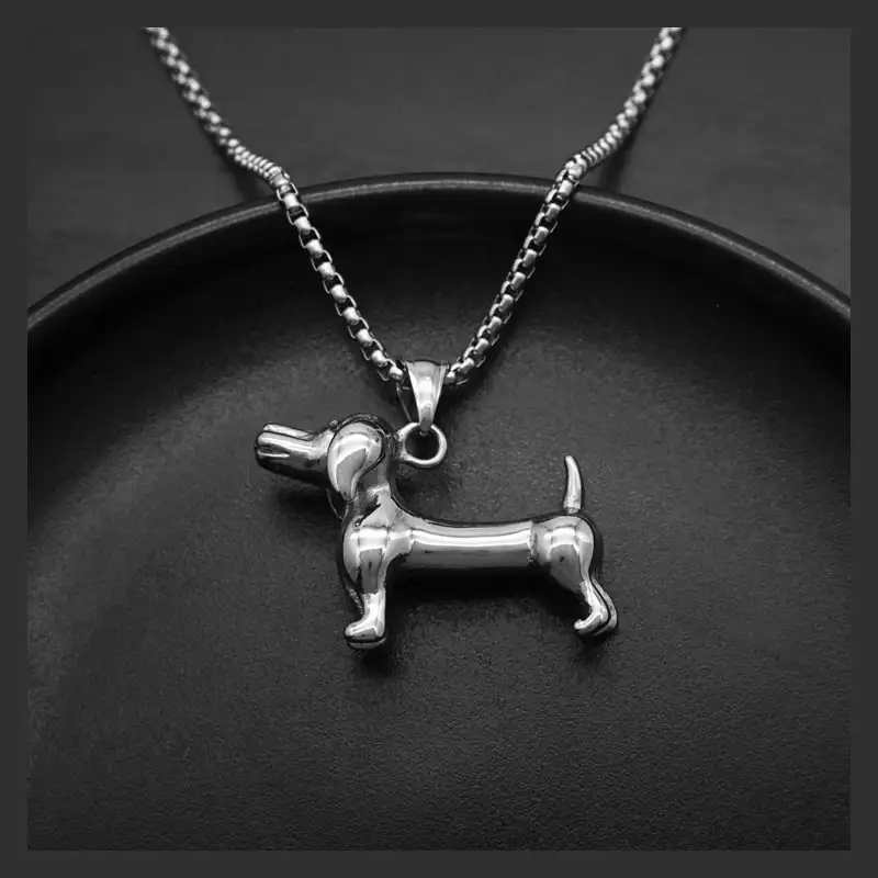 Pet Dog Dachshund Pendant Men’s Titanium Steel Necklace - silver with chain