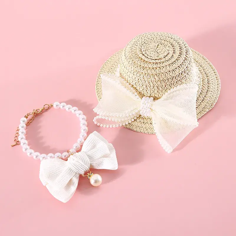 Pet Cat Lady Straw Hat Pearl Bow Woven - Image 7
