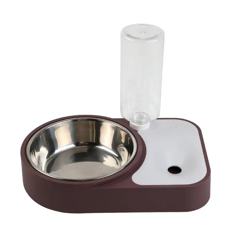 pet stainless steel automatic drinking water feeding integrated tableware - brown