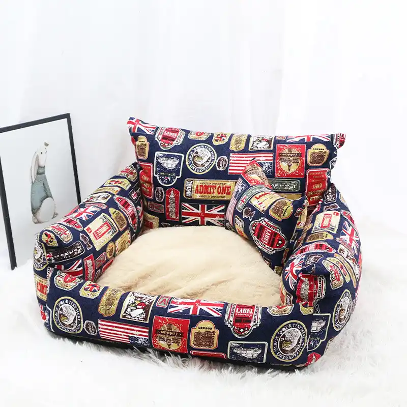 Winter Warm Pet Sofa Bed | Cozy Canvas Pet Nest for Dogs & Cats - Model A Blue Rice Flags like Britain decoration