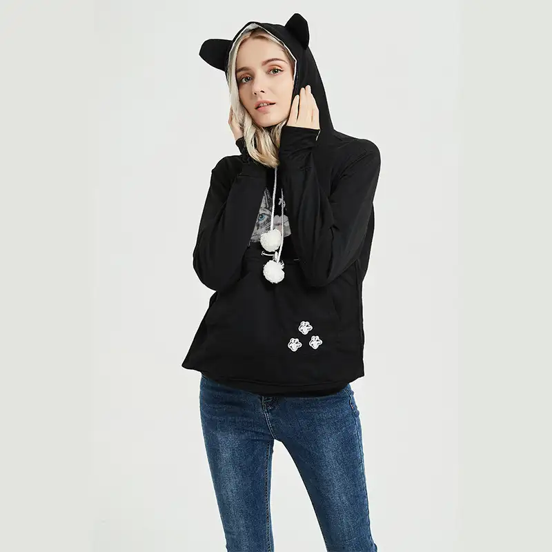 cute cat hoodie wearshirt with big pocket for pets hooded tops clothes - black